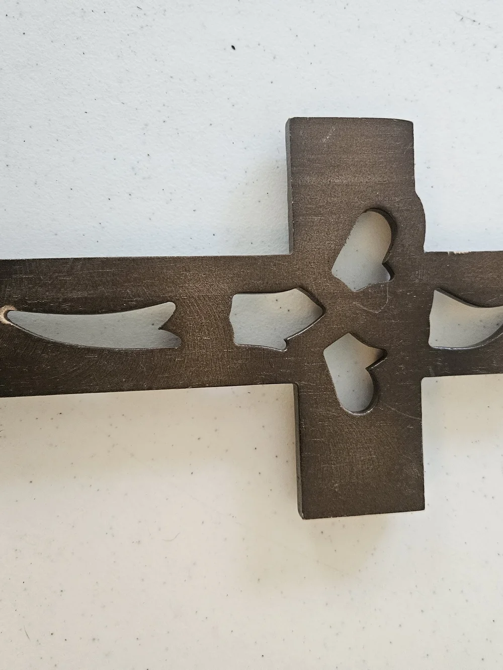 Wooden Cross Wall Decor with Interlocking Hearts - Brown